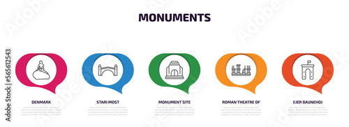 monuments infographic element with outline icons and 5 step or option. monuments icons such as denmark, stari most, monument site, roman theatre of merida, ejer baunehoj vector.