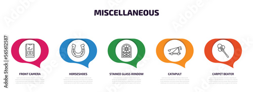 miscellaneous infographic element with outline icons and 5 step or option. miscellaneous icons such as front camera, horseshoes, stained glass window, catapult, carpet beater vector.