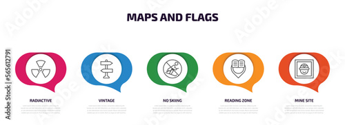 maps and flags infographic element with outline icons and 5 step or option. maps and flags icons such as radiactive, vintage, no skiing, reading zone, mine site vector.