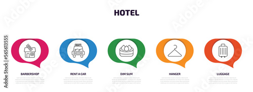 hotel infographic element with outline icons and 5 step or option. hotel icons such as barbershop, rent a car, dim sum, hanger, luggage vector.