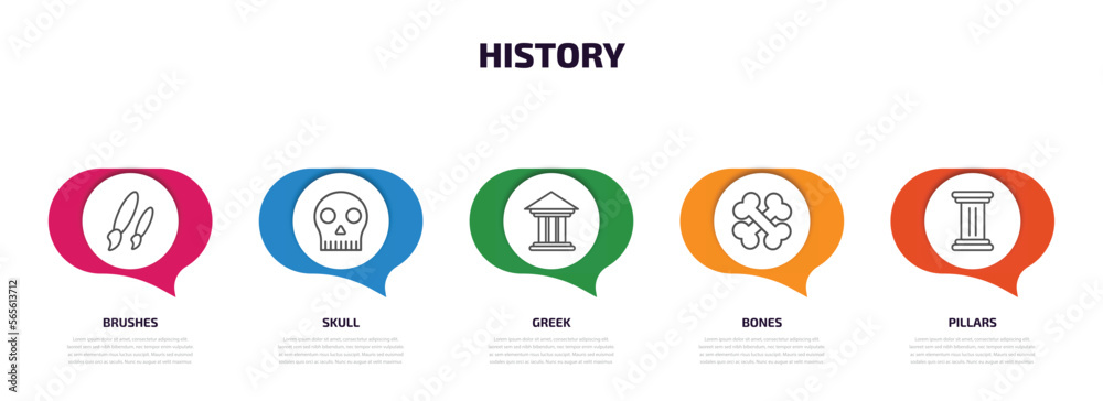 history infographic element with outline icons and 5 step or option. history icons such as brushes, skull, greek, bones, pillars vector.