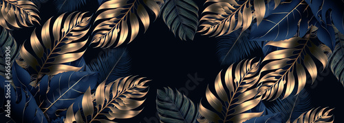 Golden tropical leaves on a dark blue background  abstract luxury modern tropical background  blue background  blue neon. AI