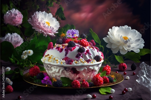  a cake with berries and whipped cream on a plate with flowers and leaves around it on a table cloth with a purple background and a white flower.  generative ai