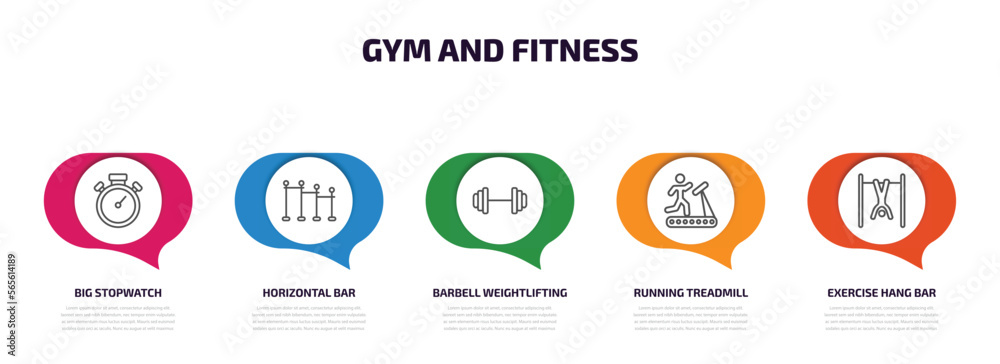 gym and fitness infographic element with outline icons and 5 step or option. gym and fitness icons such as big stopwatch, horizontal bar, barbell weightlifting, running treadmill, exercise hang bar gym and fitness infographic element with outline icons and 5 step or option. gym and fitness icons such as big stopwatch, horizontal bar, barbell weightlifting, running treadmill, exercise hang bar