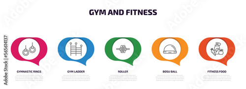 gym and fitness infographic element with outline icons and 5 step or option. gym and fitness icons such as gymnastic rings, gym ladder, roller, bosu ball, fitness food vector.