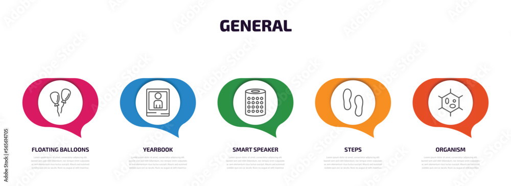 general infographic element with outline icons and 5 step or option. general icons such as floating balloons, yearbook, smart speaker, steps, organism vector. general infographic element with outline icons and 5 step or option. general icons such as floating balloons, yearbook, smart speaker, steps, organism vector.