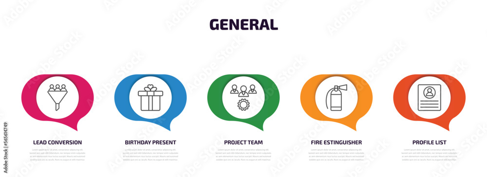 general infographic element with outline icons and 5 step or option. general icons such as lead conversion, birthday present, project team, fire estinguisher, profile list vector. general infographic element with outline icons and 5 step or option. general icons such as lead conversion, birthday present, project team, fire estinguisher, profile list vector.