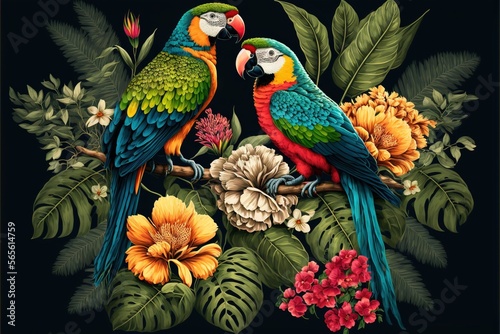  two colorful birds sitting on a branch surrounded by flowers and leaves on a black background with a black background behind them is a white and yellow and red. generative ai