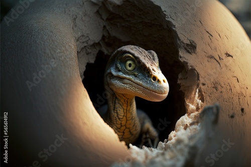  a small lizard is poking its head out of a clay ball that is in the dirt and has a hole in it to look out.  generative ai photo