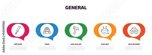 general infographic element with outline icons and 5 step or option. general icons such as fretsaw, team, nail puller, chat bot, ar platform vector.