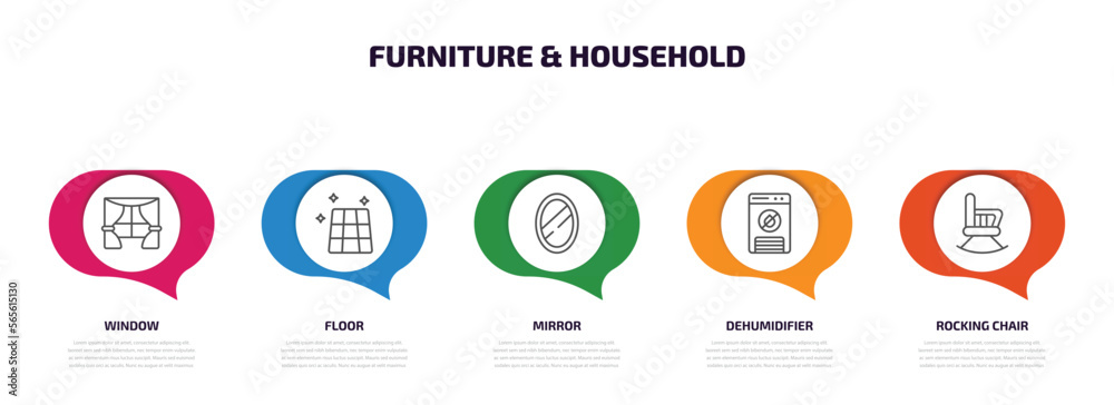 furniture & household infographic element with outline icons and 5 step or option. furniture & household icons such as window, floor, mirror, dehumidifier, rocking chair vector.