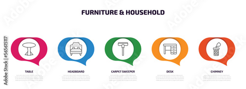 furniture & household infographic element with outline icons and 5 step or option. furniture & household icons such as table, headboard, carpet sweeper, desk, chimney vector.