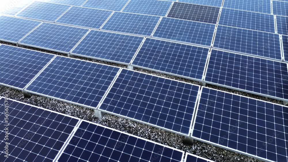 Closeup of photovoltaic solar panels. Production of renewable energy concept. 