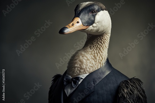 a duck wearing a tuxedo and a bow tie with a black vest and a white shirt and black tie with a black background.  generative ai photo