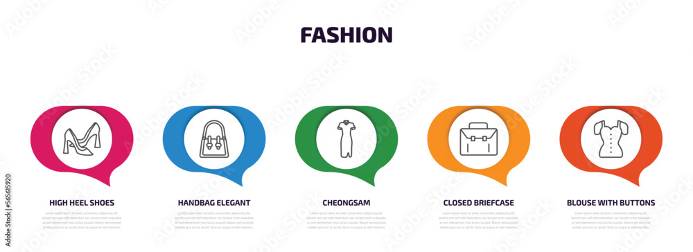 fashion infographic element with outline icons and 5 step or option. fashion icons such as high heel shoes, handbag elegant de, cheongsam, closed briefcase, blouse with buttons vector. fashion infographic element with outline icons and 5 step or option. fashion icons such as high heel shoes, handbag elegant de, cheongsam, closed briefcase, blouse with buttons vector.