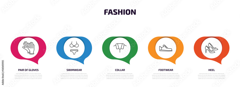 fashion infographic element with outline icons and 5 step or option. fashion icons such as pair of gloves, swimwear, collar, footwear, heel vector. fashion infographic element with outline icons and 5 step or option. fashion icons such as pair of gloves, swimwear, collar, footwear, heel vector.