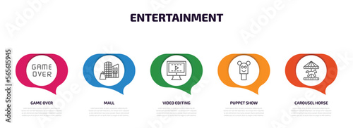 entertainment infographic element with outline icons and 5 step or option. entertainment icons such as game over, mall, video editing, puppet show, carousel horse vector.