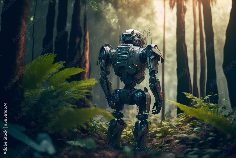 Robot in the jungle with bokeh nature sunlight background. Generative AI