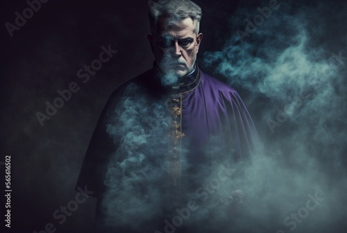Portrait of an elderly priest with gray hair in black clothes. AI generated