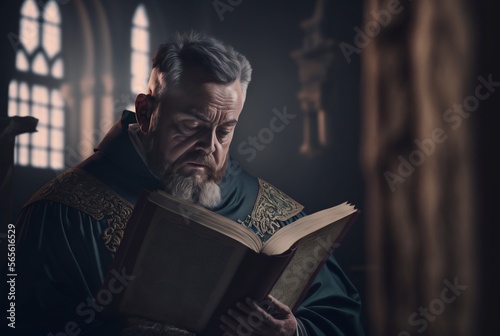 Priest with Bible on church background. AI generated