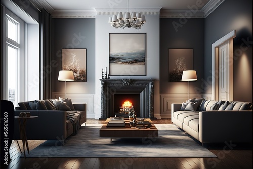 General view of luxury living room with sofas  coffe table and fireplace