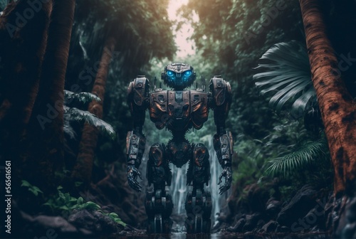 Robot in the jungle. Generative AI © AIproduction