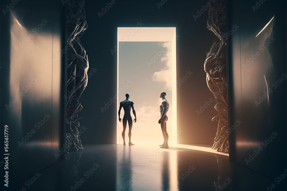 Fototapeta premium Two robots are standing near a huge door way. Futuristic concept of Artificial Intelligence and robotics. Generative AI