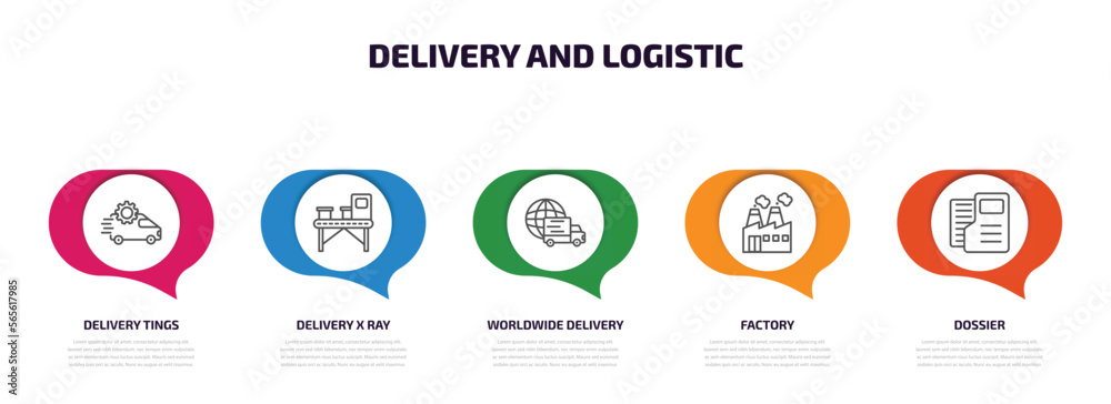 delivery and logistic infographic element with outline icons and 5 step or option. delivery and logistic icons such as delivery tings, x ray, worldwide factory, dossier vector.