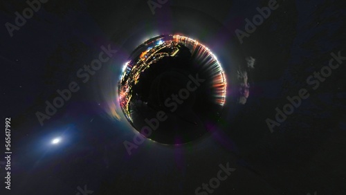 Foto A tiny planet view of the ports of Harwich and Felixstowe at night in the UK