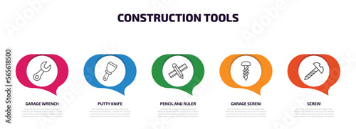 construction tools infographic element with outline icons and 5 step or option. construction tools icons such as garage wrench, putty knife, pencil and ruler, garage screw, screw vector.
