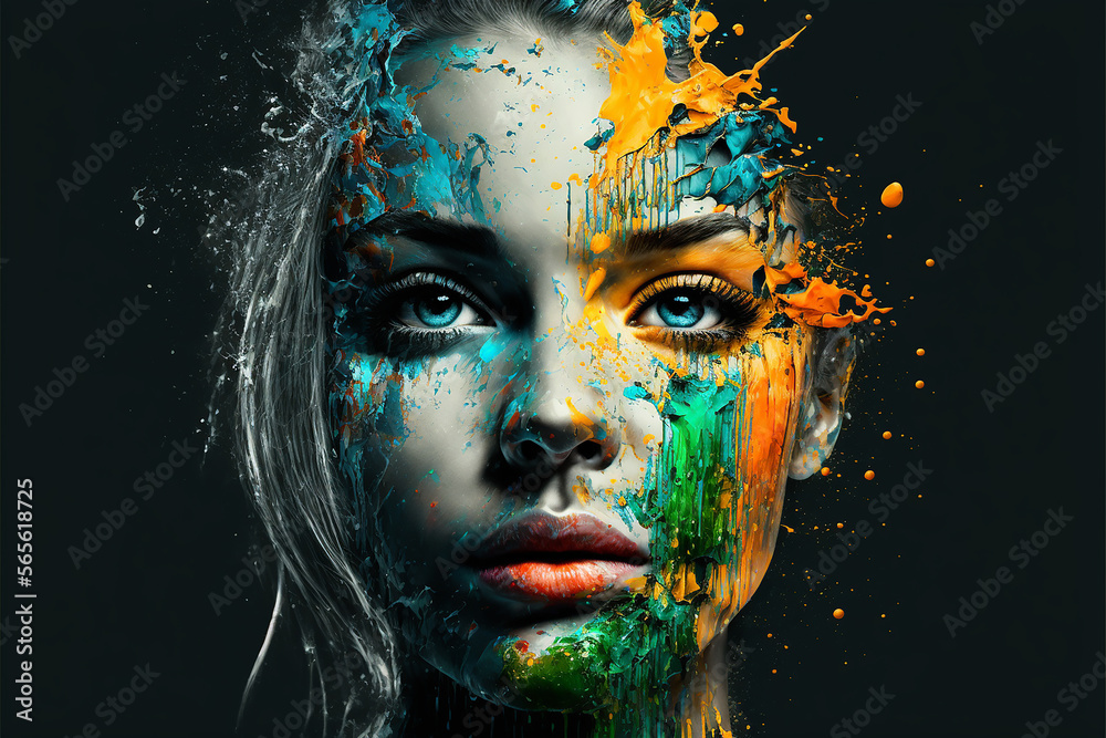 Face of a beautiful young woman in multicolored splashes of oil paint on black. Generative AI.