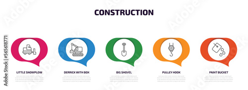 construction infographic element with outline icons and 5 step or option. construction icons such as little snowplow, derrick with box, big shovel, pulley hook, paint bucket vector.