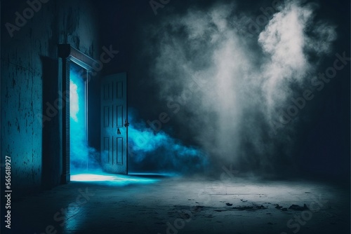 The dark stage with a dark blue background, a dark scene, neon light and spotlights The concrete floor and the studio room with smoke. Generative AI