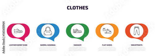 clothes infographic element with outline icons and 5 step or option. clothes icons such as leather derby shoe, barrel handbag, sneaker, flat shoes, sweatpants vector.