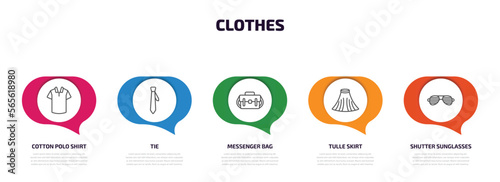 clothes infographic element with outline icons and 5 step or option. clothes icons such as cotton polo shirt, tie, messenger bag, tulle skirt, shutter sunglasses vector.