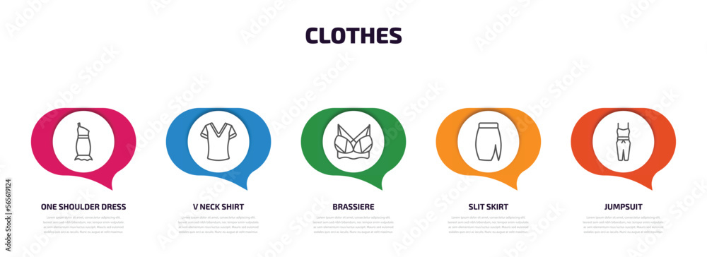 clothes infographic element with outline icons and 5 step or option. clothes icons such as one shoulder dress, v neck shirt, brassiere, slit skirt, jumpsuit vector. clothes infographic element with outline icons and 5 step or option. clothes icons such as one shoulder dress, v neck shirt, brassiere, slit skirt, jumpsuit vector.