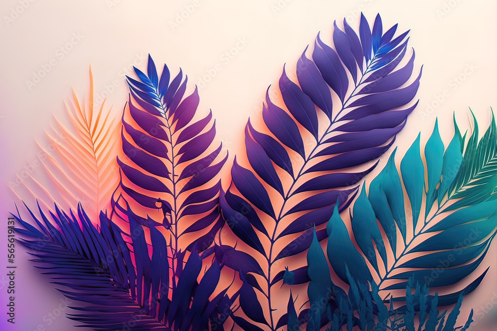 Fototapeta premium Abstract colorful tropical and exotic leaves, neon light, holography. AI