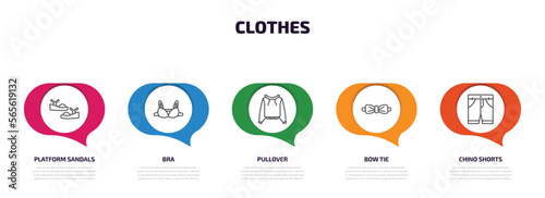 clothes infographic element with outline icons and 5 step or option. clothes icons such as platform sandals, bra, pullover, bow tie, chino shorts vector.