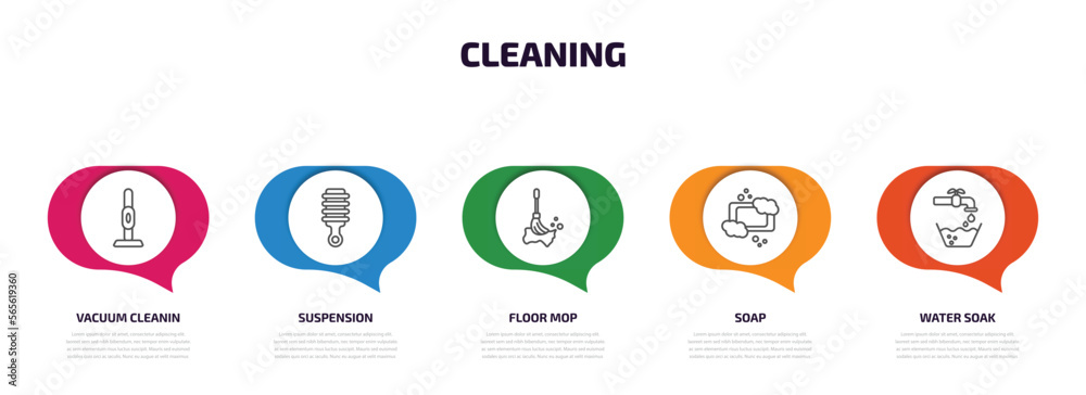cleaning infographic element with outline icons and 5 step or option. cleaning icons such as vacuum cleanin, suspension, floor mop, soap, water soak vector.