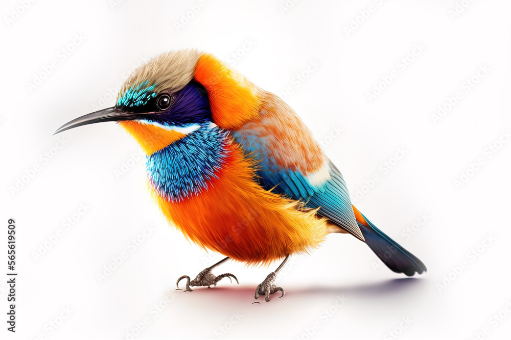 Obraz premium Multicolored tropical and exotic small birds on a white isolated background. AI