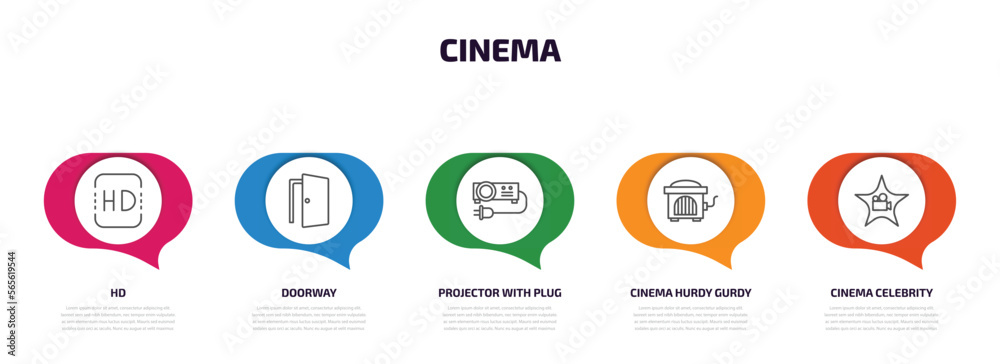 cinema infographic element with outline icons and 5 step or option. cinema icons such as hd, doorway, projector with plug, cinema hurdy gurdy, celebrity vector. cinema infographic element with outline icons and 5 step or option. cinema icons such as hd, doorway, projector with plug, cinema hurdy gurdy, celebrity vector.