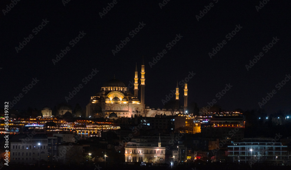 Karakoy, Istanbul, Turkey, 01.20.2023: Night view of Istanbul night landscapes. Istanbul night silhouette. a Mosque in Istanbul