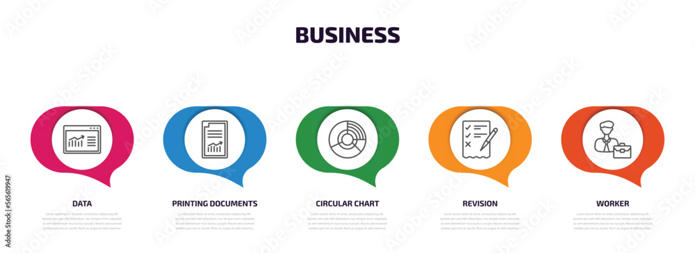 business infographic element with outline icons and 5 step or option. business icons such as data, printing documents, circular chart, revision, worker vector. business infographic element with outline icons and 5 step or option. business icons such as data, printing documents, circular chart, revision, worker vector.