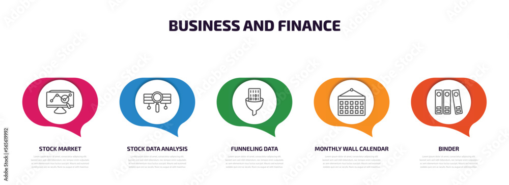 business and finance infographic element with outline icons and 5 step or option. business and finance icons such as stock market, stock data analysis, funneling data, monthly wall calendar, binder