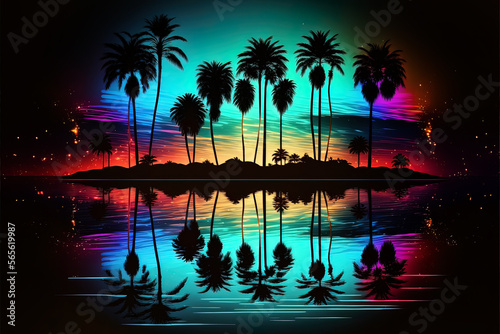 Night neon landscape with palm trees, night background, 90s, retro style, Bright multi-colored neon, seascape. AI © MiaStendal