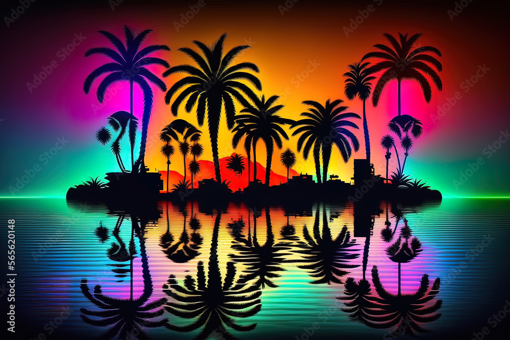 Night neon landscape with palm trees, night background, 90s, retro style, Bright multi-colored neon, seascape. AI