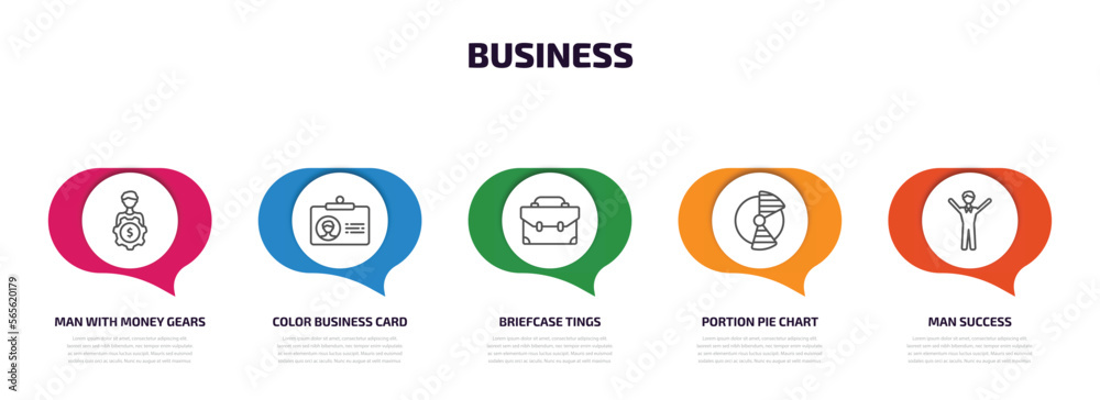 business infographic element with outline icons and 5 step or option. business icons such as man with money gears, color business card, briefcase tings, portion pie chart, man success vector. business infographic element with outline icons and 5 step or option. business icons such as man with money gears, color business card, briefcase tings, portion pie chart, man success vector.