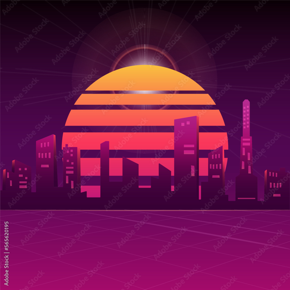 Retro Cyberpunk concept illustration. Social media flyer template with neon city. Urban card design. Stock vector synthwave poster graphics