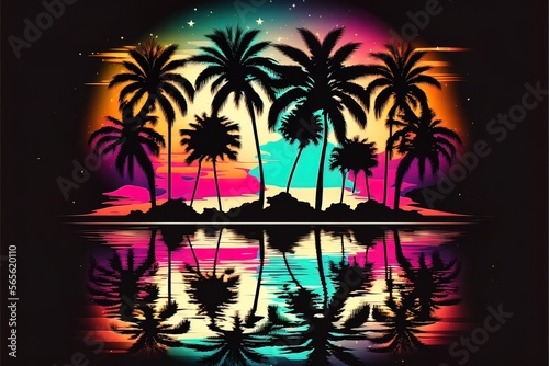 Night neon landscape with palm trees  night background  90s  retro style  Bright multi-colored neon  seascape. AI