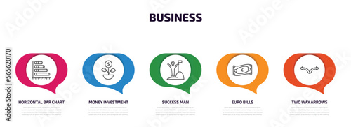 business infographic element with outline icons and 5 step or option. business icons such as horizontal bar chart, money investment, success man, euro bills, two way arrows vector.
